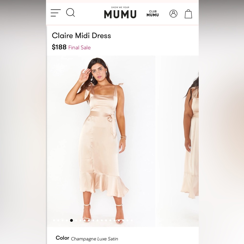 Champagne Satin Midi Dress, Size Medium
